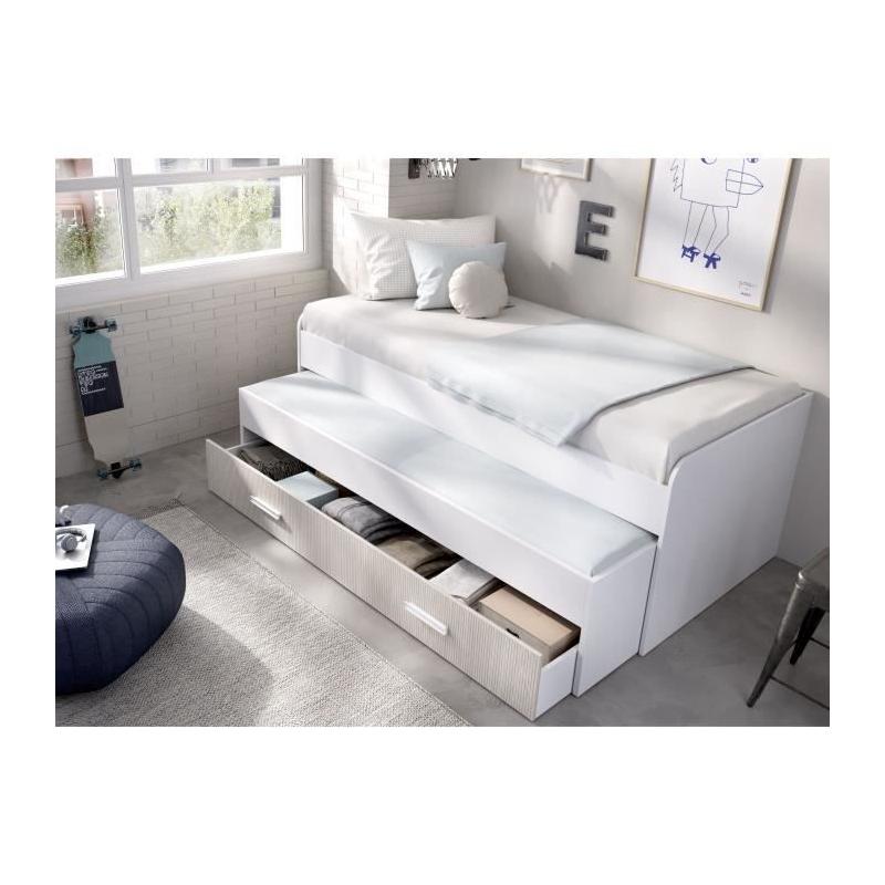 Lit gigogne PEMA - 90 x 200 cm - Blanc / imitation lamelles