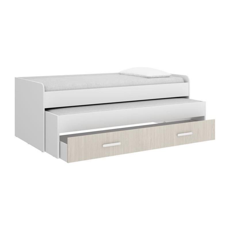 Lit gigogne PEMA - 90 x 200 cm - Blanc / imitation lamelles