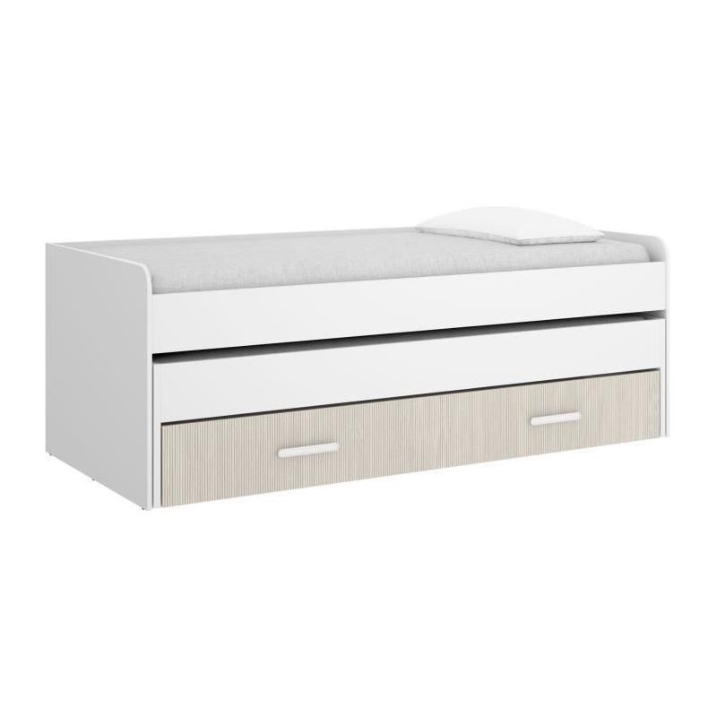 Lit gigogne PEMA - 90 x 200 cm - Blanc / imitation lamelles