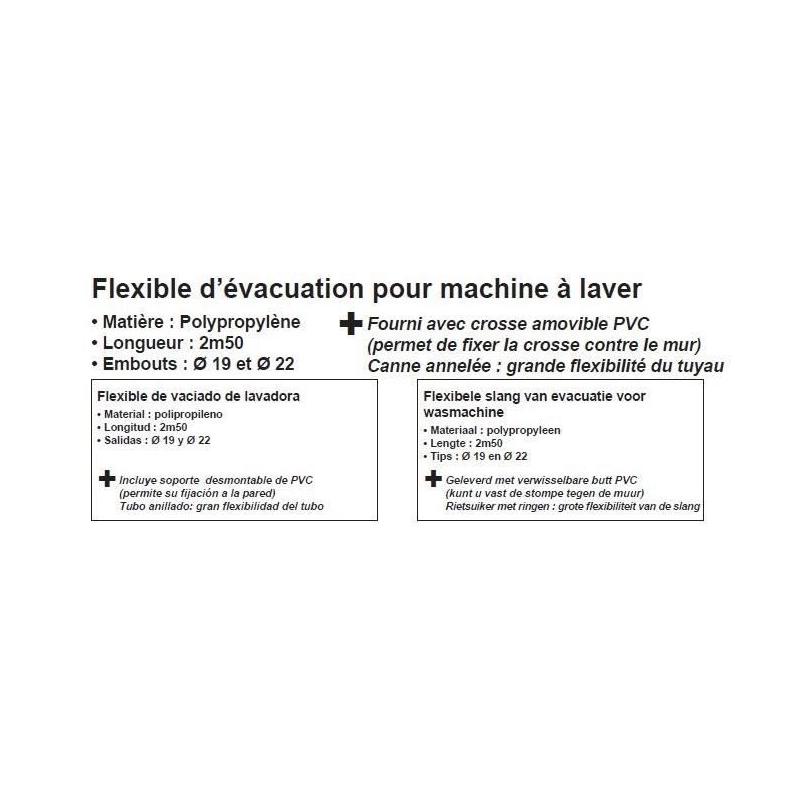 Flexible d'évacuation pour machine à laver ROUSSEAU - 2.50 m - Embouts Ø19 mm et Ø22 mm