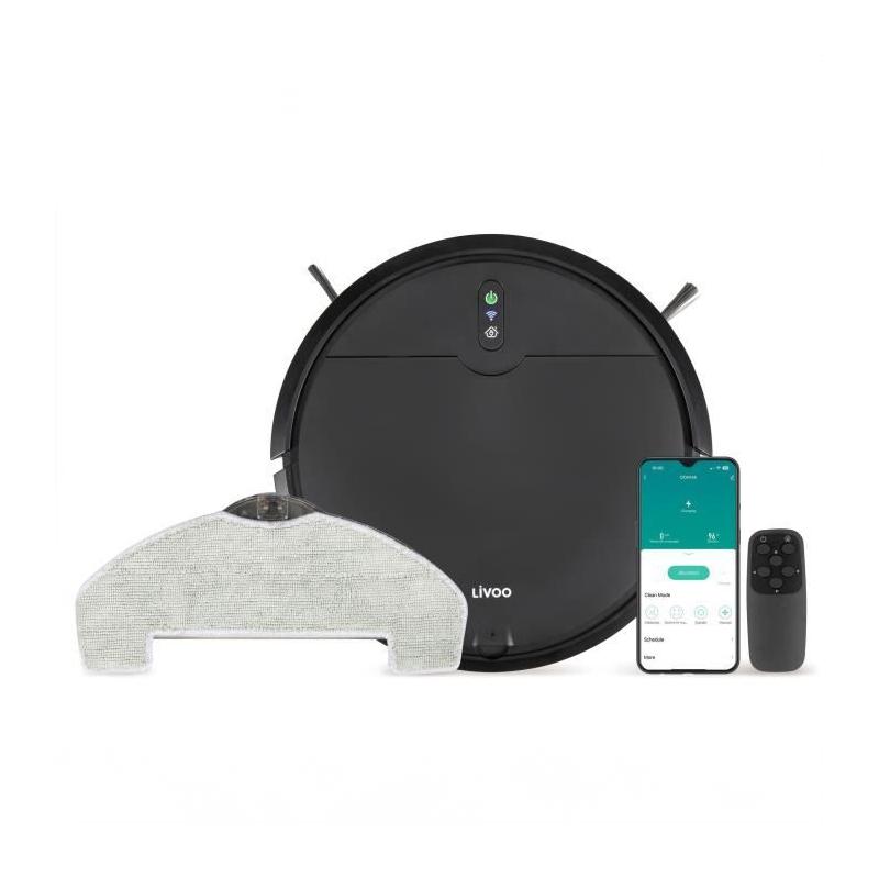 Aspirateur Robot laveur connecté - LIVOO - DOH145 WASH'UP - 1000 Pa - 70 min - 2 réservoirs - Noir