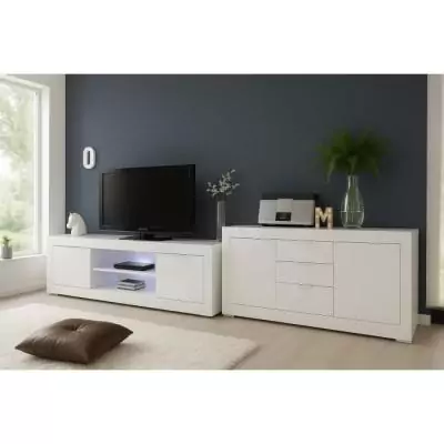 Ensemble séjour - Meuble Tv 180 cm + Buffet 210 cm 2 portes 3 tiroirs - BASICO - Blanc laqué