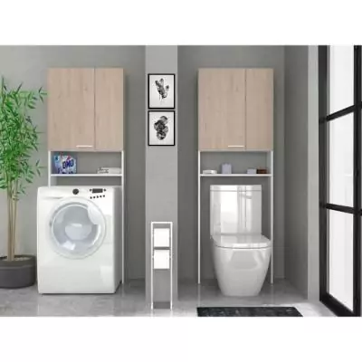 Colonne WC Décor Chêne/Blanc 2 Portes - Design Salle de Bain - L64,2 x P21,8 x H184 cm