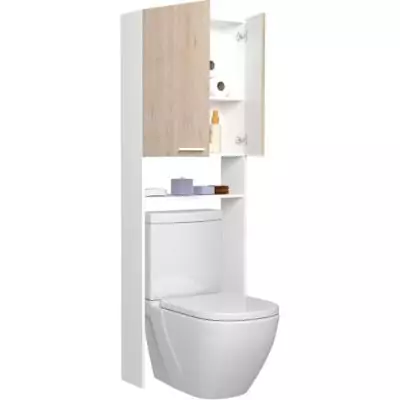 Colonne WC Décor Chêne/Blanc 2 Portes - Design Salle de Bain - L64,2 x P21,8 x H184 cm