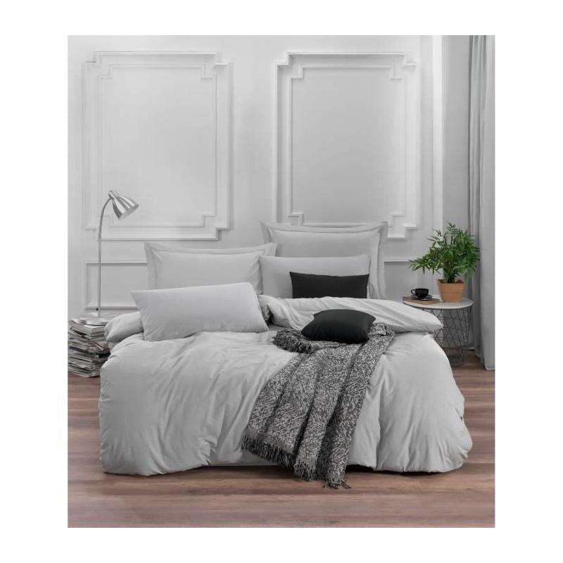 Parure de lit - 1 housse de couette 220 x 240 cm + 2 taies d'oreiller 60 x 60 cm - 65% coton, 35% polyester - Gris