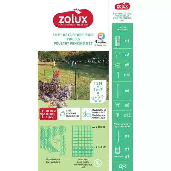 Kit filet clôtures pour poules - ZOLUX - 12m x 125 cm - Piquets en H - Porte d'acces - Sardines incluses