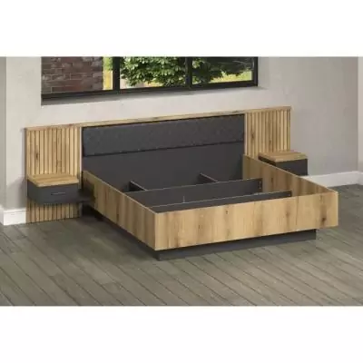 Lit avec chevets et éclairage indirect - ESTEBAN - 180x200 cm - Chêne blond / Anthracite Lit avec chevets et éclairage indirect - ESTEBAN - 180x200 cm - Chêne blond / Anthracite