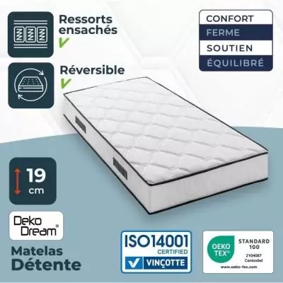 Ensemble matelas sommier 90x190cm 19cm - ressorts ensachés 7 zones - réversible - fabriqué en Belgique Ensemble matelas sommier 90x190cm 19cm - ressorts ensachés 7 zones - réversible - fabriqué en Belgique