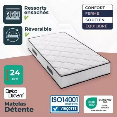 Ensemble matelas sommier 90x200 cm 24 cm - Ressorts ensachés 7 zones - Réversible - Made in Belgium Ensemble matelas sommier 90x200 cm 24 cm - Ressorts ensachés 7 zones - Réversible - Made in Belgium