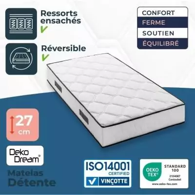 Ensemble matelas sommier 90x200cm 27cm - Ressorts ensachés 7 zones - Réversible & fabriqué en Belgique Ensemble matelas sommier 90x200cm 27cm - Ressorts ensachés 7 zones - Réversible & fabriqué en Belgique