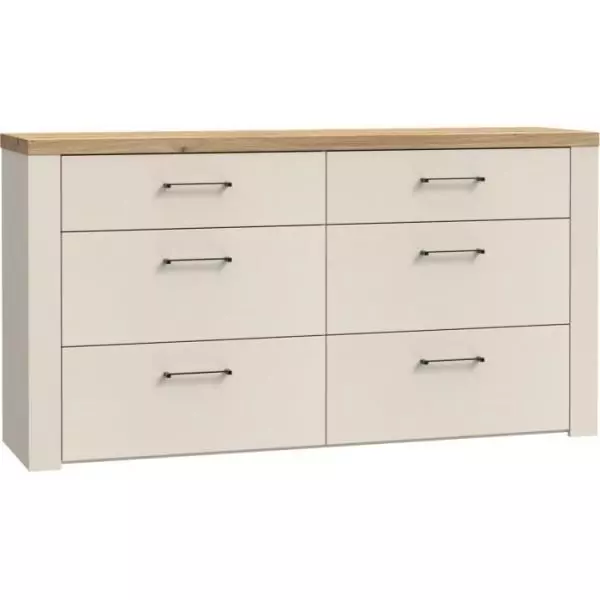 Commode de chambre - 6 tiroirs - Décor Sable et Bois - L156,3 x P41,3 x H83,1 cm - NELLEKE