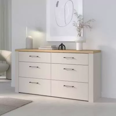 Commode NELLEKE 6 tiroirs - Sable/Bois - L156,3 x P41,3 x H83,1 cm