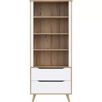 Bibliothèque élégante VANKKA - 4 étagères - 2 tiroirs - Chêne/Blanc