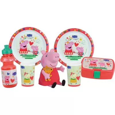 Lot vaisselle Peppa Pig - Repas adorable pour les petits - Assiettes, verres, gourde, boîte à goûter et peluche Lot vaisselle Peppa Pig - Repas adorable pour les petits - Assiettes, verres, gourde, boîte à goûter et peluche