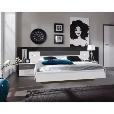 Lit adulte RHODES avec chevets et liseuses - 160x200 cm - Blanc/Graphite
