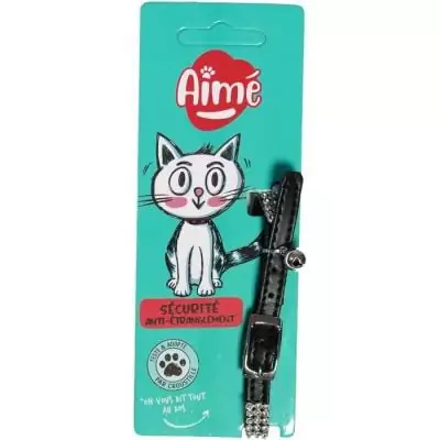 Collier pour chat élégant - AIME - Nylon ajustable avec grelot en argent - Noir strass