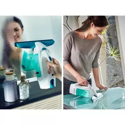 Nettoyeur pour vitre avec manche Leifheit Dry & Clean 51001, set avec manche de 43cm pour un nettoyage sans traces, autonomie 38