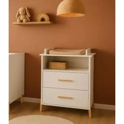 Commode a langer - Babyprice - Joy Naturel - 2 tiroirs - 1 niche - Blanc - Sur pieds en bois naturel