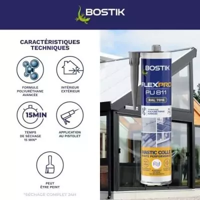 Mastic colle/joint - BOSTIK - Flexpro PU811 - Tous matériaux - Intérieur/extérieur - Anthracite RAL7016 - 300 ml Mastic colle/joint - BOSTIK - Flexpro PU811 - Tous matériaux - Intérieur/extérieur - Anthracite RAL7016 - 300 ml