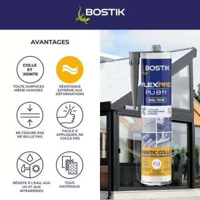 Mastic colle/joint - BOSTIK - Flexpro PU811 - Tous matériaux - Intérieur/extérieur - Anthracite RAL7016 - 300 ml Mastic colle/joint - BOSTIK - Flexpro PU811 - Tous matériaux - Intérieur/extérieur - Anthracite RAL7016 - 300 ml
