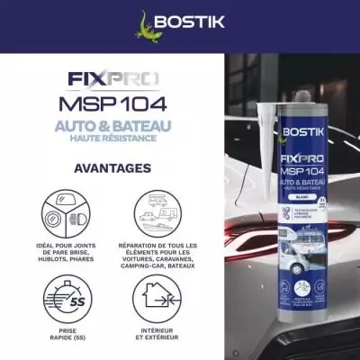 Mastic auto/bateau - BOSTIK - Fixpro MSP 104 - Colle et joint - Résiste intempéries et eau de mer - Blanc - 290 ml