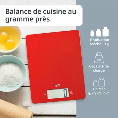 Balance de cuisine digitale - ADE - LEONIE - Plastique ABS - 22 x 17 cm - Inclus 1 pile Cr 2032-Rouge