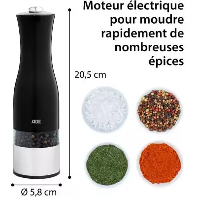 Moulin Poivre/Sel électrique - ADE -KITCHEN GADGETS - Acier inoxydable/plastique - H 22,5 cm - Inclus 6 pilles AAA - Noir