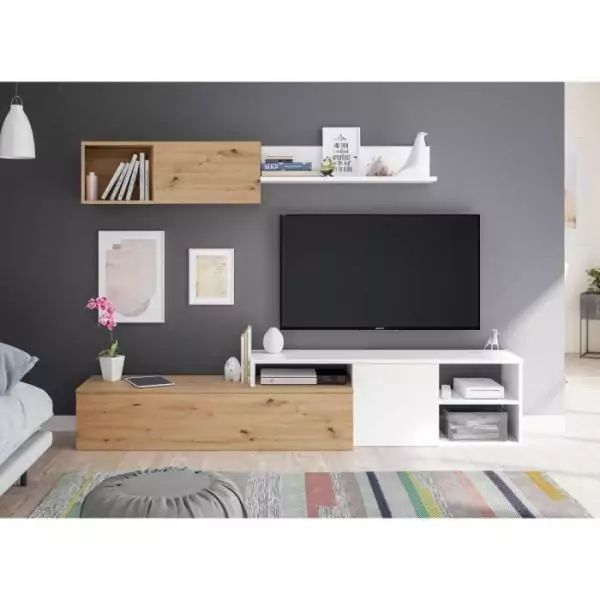 Ensemble meuble TV réversible JULIA - Mélaminé blanc et chene - 2 Portes battantes - L220 x P40 x H 44 cm