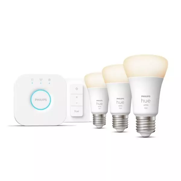 PHILIPS Hue White Kit de démarrage ampoule LED connectée 9,5W - E27 x3 et télécommande Hue
