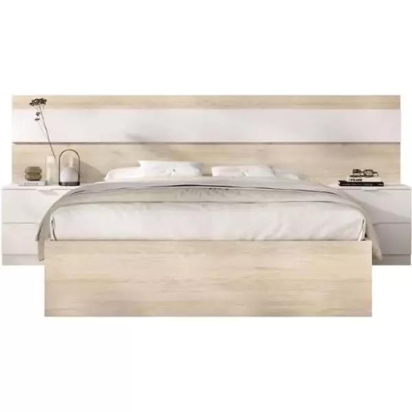 Lit adulte avec chevets intégrés NIZA - 160 x 200 cm - Chene naturel / Blanc
