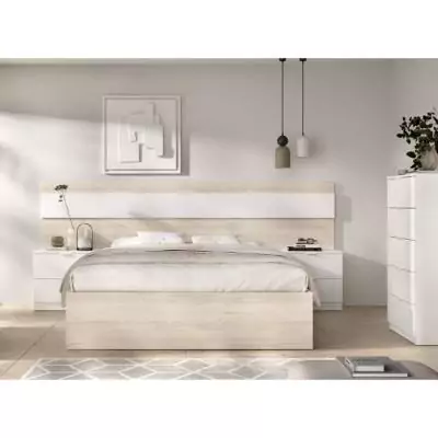 Lit adulte avec chevets intégrés NIZA - 140 x 190 cm - Chene naturel / Blanc