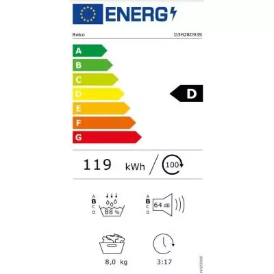 Seche-linge pompe a chaleur BEKO D3H28D93S b300 Eco Sense - 8 kg - L60cm - Classe D - Blanc