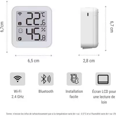 Thermometre et Hygrometre - KONYKS - Termo 2 - Intérieur - Détecteur de température + humidité - Wifi - Grand écran - Blanc