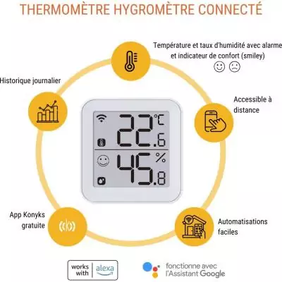 Thermometre et Hygrometre - KONYKS - Termo 2 - Intérieur - Détecteur de température + humidité - Wifi - Grand écran - Blanc