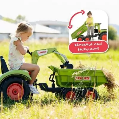 Tractopelle a pédales Claas - FALK - Volant directionnel, Selle pivotante & Excavatrice remorque - Fabriqué en France - Des 3