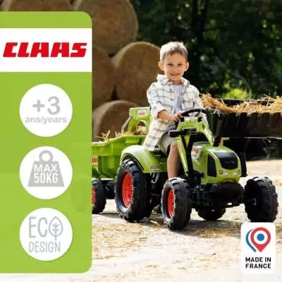 Tractopelle a pédales Claas - FALK - Volant directionnel, Selle pivotante & Excavatrice remorque - Fabriqué en France - Des 3