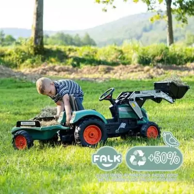 Tractopelle a pédales Farm Lander - FALK - Volant directionnel, Remorque - Fabriqué en France - 50% de plastique recyclé - De