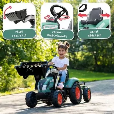 Tractopelle a pédales Farm Lander - FALK - Volant directionnel, Remorque - Fabriqué en France - 50% de plastique recyclé - De