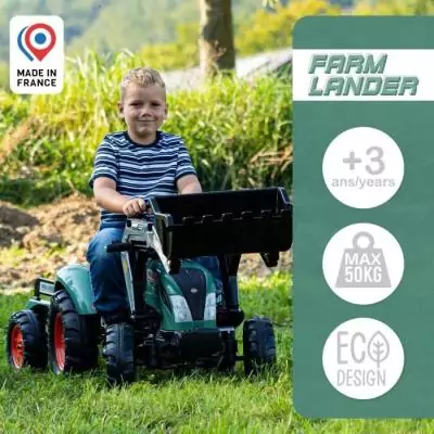 Tractopelle a pédales Farm Lander - FALK - Volant directionnel, Remorque - Fabriqué en France - 50% de plastique recyclé - De