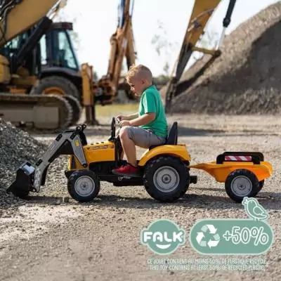 Tractopelle a pédales SuperBuilder - FALK - Capot ouvrant et remorque - Fabriqué en France - 60% de plastique recyclé - Des 3