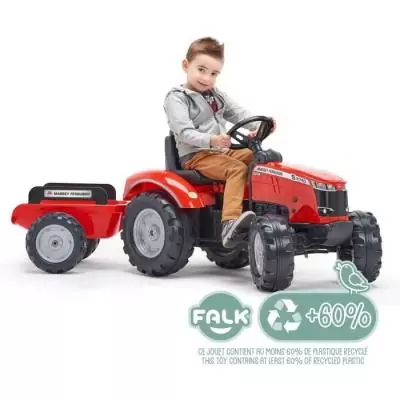 Tracteur a pédales Massey Ferguson - FALK - Volant directionnel, Remorque - Fabriqué en France - 60% de plastique recyclé, De Tracteur a pédales Massey Ferguson - FALK - Volant directionnel, Remorque - Fabriqué en France - 60% de plastique recyclé, De