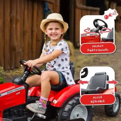 Tracteur a pédales Massey Ferguson - FALK - Volant directionnel, Remorque - Fabriqué en France - 60% de plastique recyclé, De Tracteur a pédales Massey Ferguson - FALK - Volant directionnel, Remorque - Fabriqué en France - 60% de plastique recyclé, De