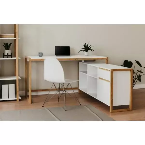 Bureau d'angle réversible Denver - Panneaux de particules - Coloris chene et blanc - 139 x 75 x 139 cm