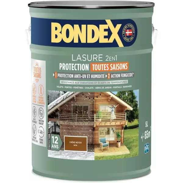 Lasure 2 en 1 protection extérieure - Chene Foncé - Satin - Protection 12 ans - Toutes saisons - Bondex - 5L
