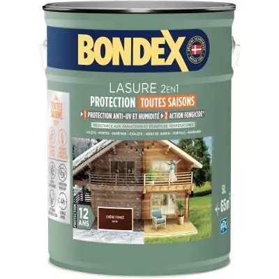 Lasure 2 en 1 protection extérieure - Chene Moyen - Satin - Protection 12 ans - Toutes saisons - Bondex - 5L