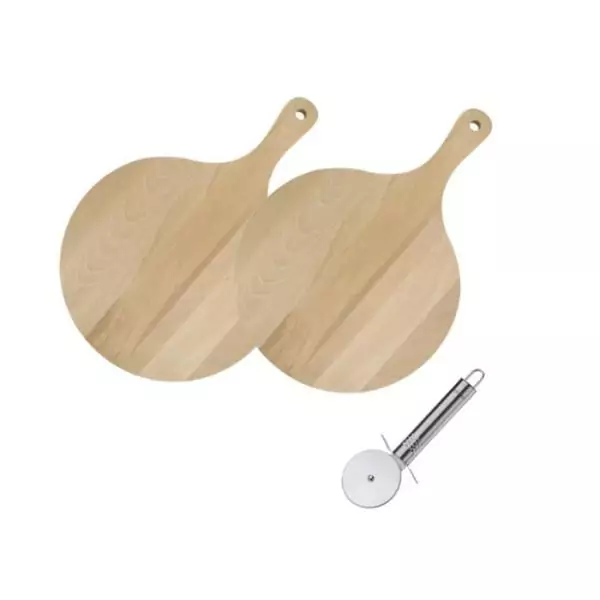 Set de 2 Planches a pizza et tarte flambée en bois et Roulette a pizza en inox - FACKELMANN - 30 cm