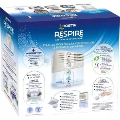 Absorbeur d'humidité - BOSTIK - Respire - Jusqu'a 25 m² - 2 recharges sans parfum - 2 x 250 g