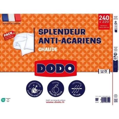 DODO Pack Couette chaude anti-acariens 240x260 cm + 2 oreillers 60x60 cm - Splendeur - Garnissage 100% volupt'air 350gr/m² - Bl