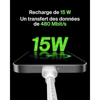 Câble tressé - BELKIN - USB-C vers USB-A - 1 m - Blanc