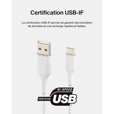 Câble tressé - BELKIN - USB-C vers USB-A - 2 m - Blanc